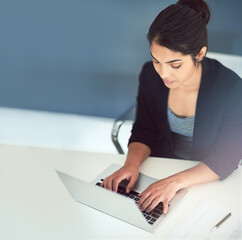 Poster - Employee, thinking and woman with laptop, typing and opportunity with problem solving, solution and online reading. Person, publisher or journalist with ideas, planning or pc for research or decision