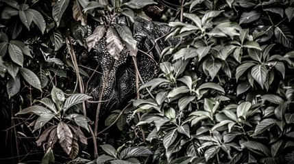 Wall Mural - A large black dinosaur hiding in the foliage of a tree, AI