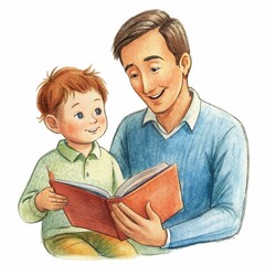 a drawing of a man and a child reading a book