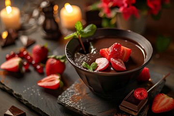 Close up of a chocolate fondant with fresh fruits
