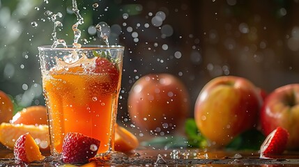 Wall Mural - A glass of juice with a splash of water and a few pieces of fruit on a table