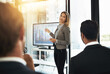 © peopleimages.com - Business, woman and presentation with graphs on screen for user personas, customer insights and feedback or income level. People, analytics and speaking of client demographics and product management.