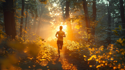 Wall Mural - Young, adult man running in forest on natural trail in sunny summer day. Daily active lifestyle. Back view