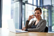 © peopleimages.com - Office, woman and happy in phone call with laptop for customer or client support as lawyer. Portrait, employee and legal advisor or consultant in smile or pride and satisfied with career growth