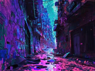 Wall Mural - Glitchy Digital Distortions and Fractured Memories in a Vibrant Alleyscape