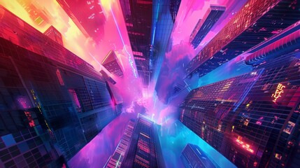 Wall Mural - Futuristic Surreal Cityscape with Vibrant Neon Lights and Metallic Reflections