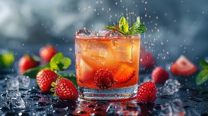 Wall Mural - A glass of red drink with ice and strawberries on the table. The drink is garnished with mint leaves