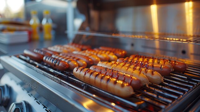 Grill with Hot Dogs: A classic shot of roasting hot dogs lined up on a grill.