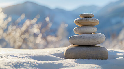 A Zen stone garden with a backdrop of snowy mountains symbolizing endurance and purity.