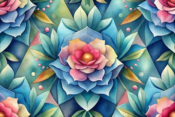 Wall Mural - Abstract floral watercolor and geometric art. This image is a visually captivating and colorful pattern that would be suitable for various decorative purposes.