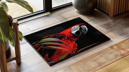Wall Mural - Contemporary doormat with Black Red Parrot print
