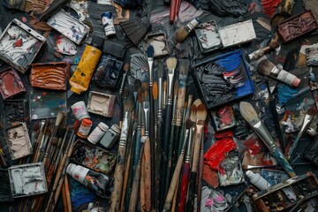 Flat lay with a used artistic tools - paintbrushes, palette knives, tubes of paint . AI generative