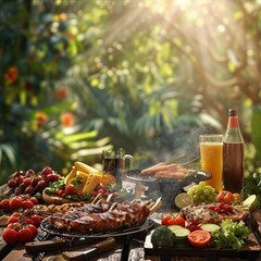 Wall Mural - A table is set with a variety of food and drinks, including a bottle of beer, barbecue grill, bbq background.
