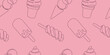 © Maria - seamless pattern with hand drawn ice cream in line art style, outline vector illustration on pink background, template for banner,background,print,textile,wrapping paper