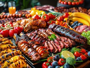 Wall Mural - A table full of food including meat, vegetables, and fruit, barbecue grill, bbq background.
