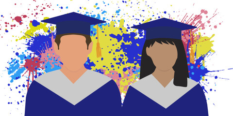 Wall Mural - Graduated students in mantle and graduation cap on background of rainbow splashes. Vector illustration