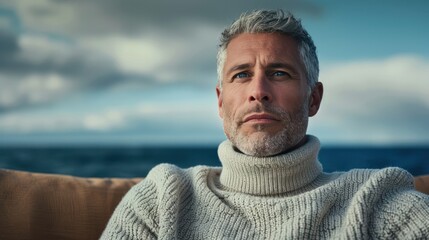 A handsome middle-aged man with grey hair and blue eyes, wearing an off-white turtleneck sweater sits on the sofa. a blue sky and sea, with a background of white clouds floating in the air