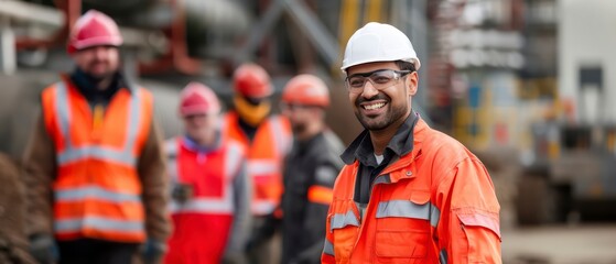 Wall Mural - A project manager smiling, guiding the team across the bustling construction site with confidence and camaraderie