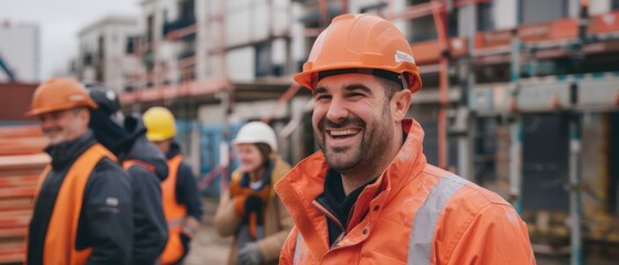 Wall Mural - A project manager smiling, guiding the team across the bustling construction site with confidence and camaraderie