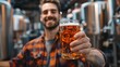 © ธนากร บัวพรหม - Smiling man in a flannel shirt holding up a pint of amber beer in a brewery, blurred brewing equipment in the background, detailed and vibrant, celebration theme 8K , high-resolution, ultra HD,up32K H