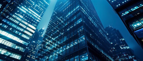 Wall Mural - High-rise building featuring modern architecture, glass facade, and blue sky backdrop in a busy urban area