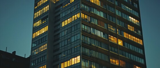 Wall Mural - High-rise building featuring modern architecture, glass facade, and blue sky backdrop in a busy urban area