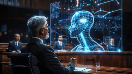 Leinwandbilder - A man in a suit is sitting at a desk in front of a computer monitor displaying a 3D image of a human brain