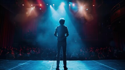 A man stands on a stage in front of a crowd of people. The stage is lit up with bright lights, creating a dramatic atmosphere. The man is wearing a black shirt and jeans, and he is a performer