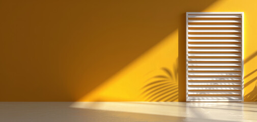 Poster - A 3D rendering of an abstract window light shadow cast on a yellow wall background, creating a visually striking and modern design element.