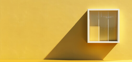Poster - An abstract window light shadow is cast on a yellow wall background in this 3D rendering, creating a bold and visually appealing design element.