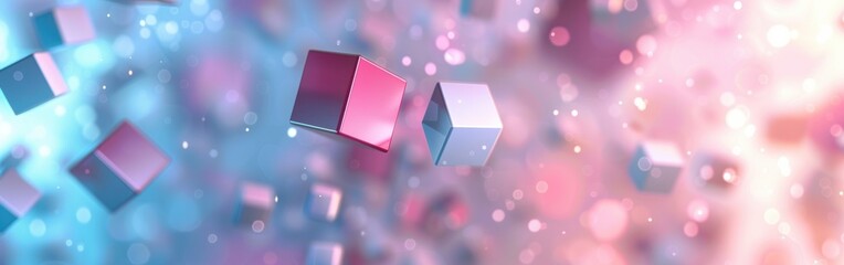 Aufkleber - A colorful image of pink and blue cubes floating in the air. The image has a playful and whimsical mood, as if the cubes are dancing or floating around in a dreamlike state