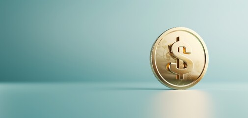 Poster - A photorealistic of a gold coin with a dollar sign, accompanied by a candlestick chart, isolated on a blue background, designed in a minimalistic style with silver tones.