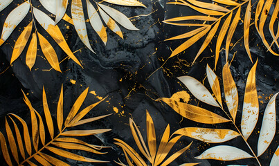 Wall Mural - Palm leaves gold black white marble template