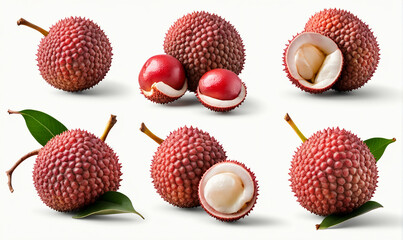  Lychee litchi lichee fruit, many angles and view side top front group peel halved isolated on white background cutout. Mockup template for artwork graphic design 