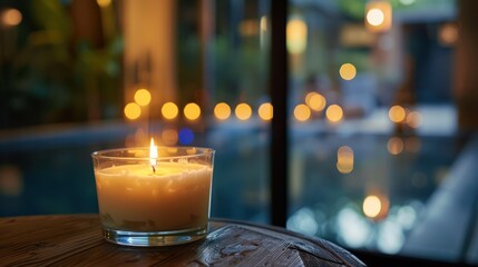 Aufkleber - A close-up shot of a lit candle in a glass jar on a wooden table. The candle flame is visible and the wax is melting. The background is blurry with a view of a pool through a window. The time of day i