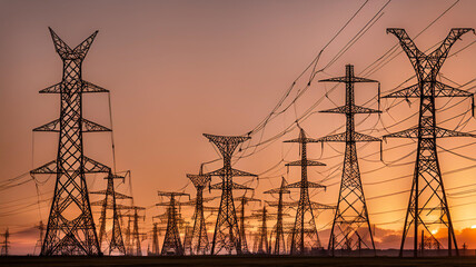 Electric towers lined up against a sunset