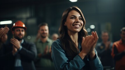 Wall Mural - Photograph of a female engineer receiving a standing ovation from her colleagues after presenting a groundbreaking engineering solution