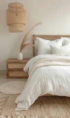 Poster - Featuring a wooden bed with white linen and pillows, and a nightstand table, this minimalist bedroom interior design of a modern home is set against a beige wall background.