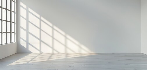 Poster - Modern interior design featuring an empty wall in a room with a wooden floor and a window, set against a white background, ideal for a minimalist home design mockup concept.