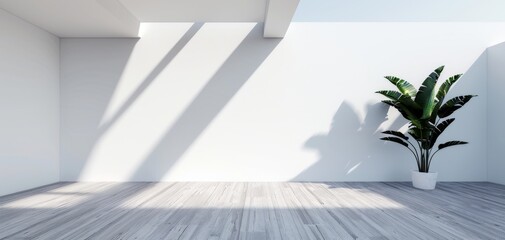 Poster - Featuring a large white wall for copy space, wooden floor, and a bright room with a window, this modern interior is illustrated in a 3D rendering mockup in a minimalist style.