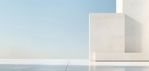 A white building with geometric lines, photographed against a light blue sky background in a minimalist style, making it suitable for an architectural design poster.