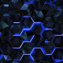 Leinwandbilder - This is a close-up image of a black and blue geometric pattern. The background is a grid of black, glossy hexagons, and there are blue neon lights outlining some of the hexagons.