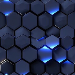 Fototapete - A close-up image of a repeating hexagonal pattern with blue illuminated edges. The pattern is rendered in 3D with a glossy finish. The background is a dark, deep blue color, creating a futuristic and 