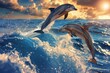 © Amna - A stunning scene of dolphins in synchronized jumps over powerful ocean waves, each dolphin catching the golden rays of the setting sun, the water splashing around them creating a mesmerizing effect.