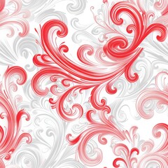 This digital illustration depicts a seamless pattern of red and gray swirling floral shapes on a white background. The design is intricate and elegant, with the swirls and curls creating a sense of mo