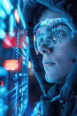 A close-up image of a person wearing futuristic goggles and looking intently at a digital screen filled with data and information