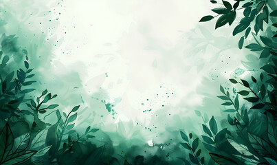 Wall Mural - abstract green leaves and cerry blossom watercolor