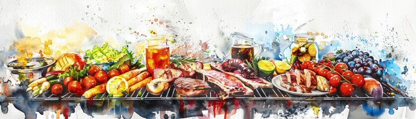 Wall Mural - A colorful assortment of food is displayed on a grill, including meat, watercolor painting, barbecue grill, bbq background.