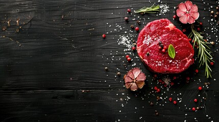 Sticker - Raw beef steak with pink peppercorn on a black wooden table