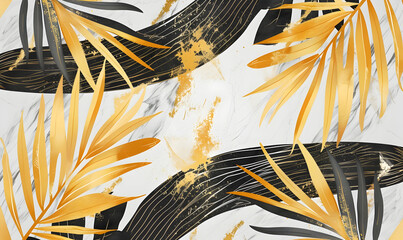 Wall Mural - Palm leaves gold black white marble template